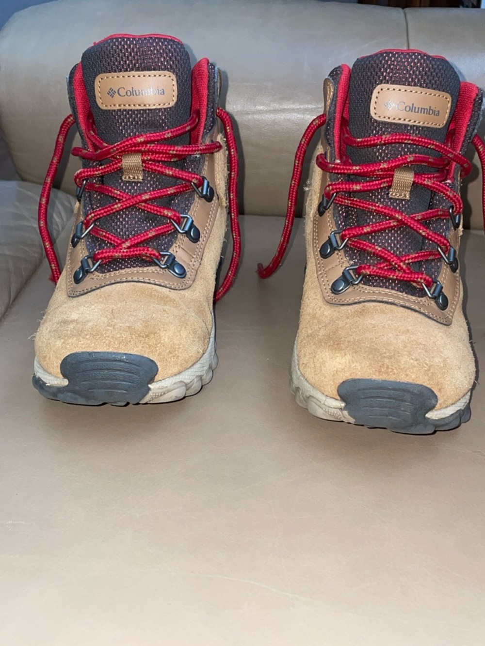 Columbia Tan Suede Hiking Boots with Red Laces
